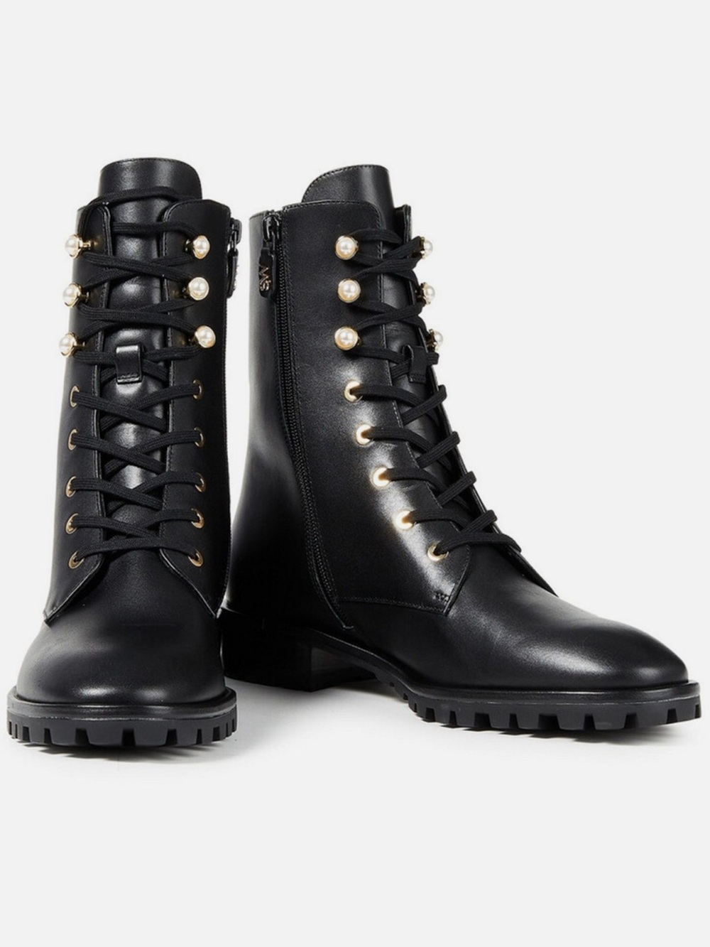 Stuart Weitzman Black Leather Pearl-Accent Lace-Up Boots